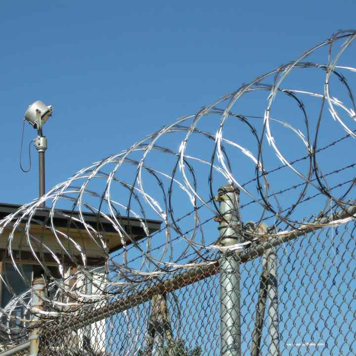 razor wire coiled along top of prison fence