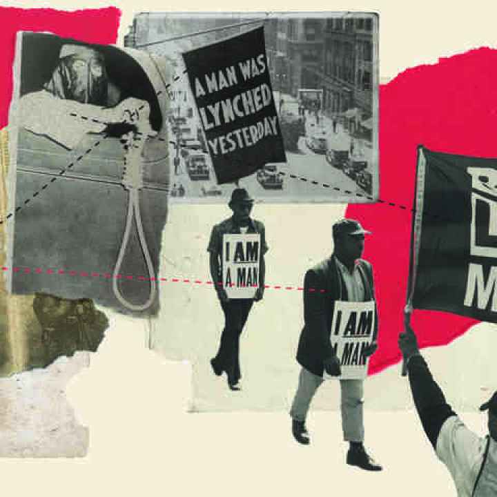 Montage with images of lynchings, Black Lives Matter signs, and I Am A Man protest signs
